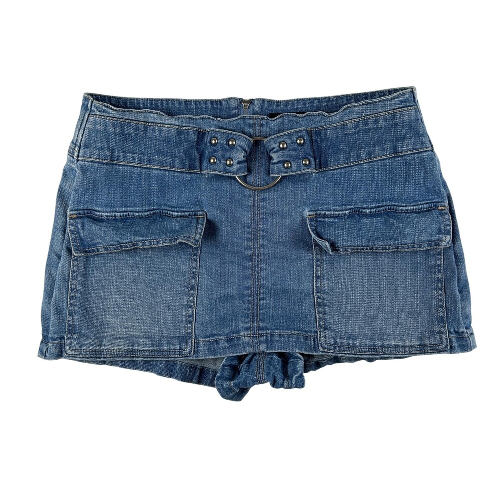 Madden NYC Skort Womens Small Denim Cargo Pockets Studded Belt Micro Mini Y2K